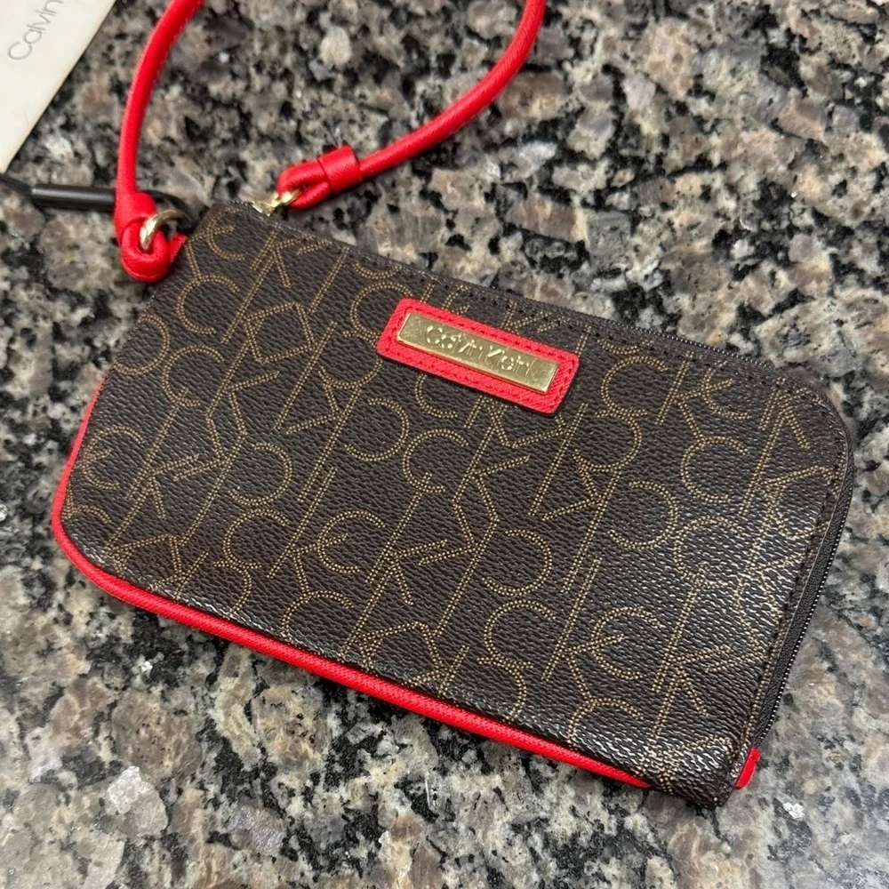 Calvin Klein Logo Wristlet in Brown and Red NWT
